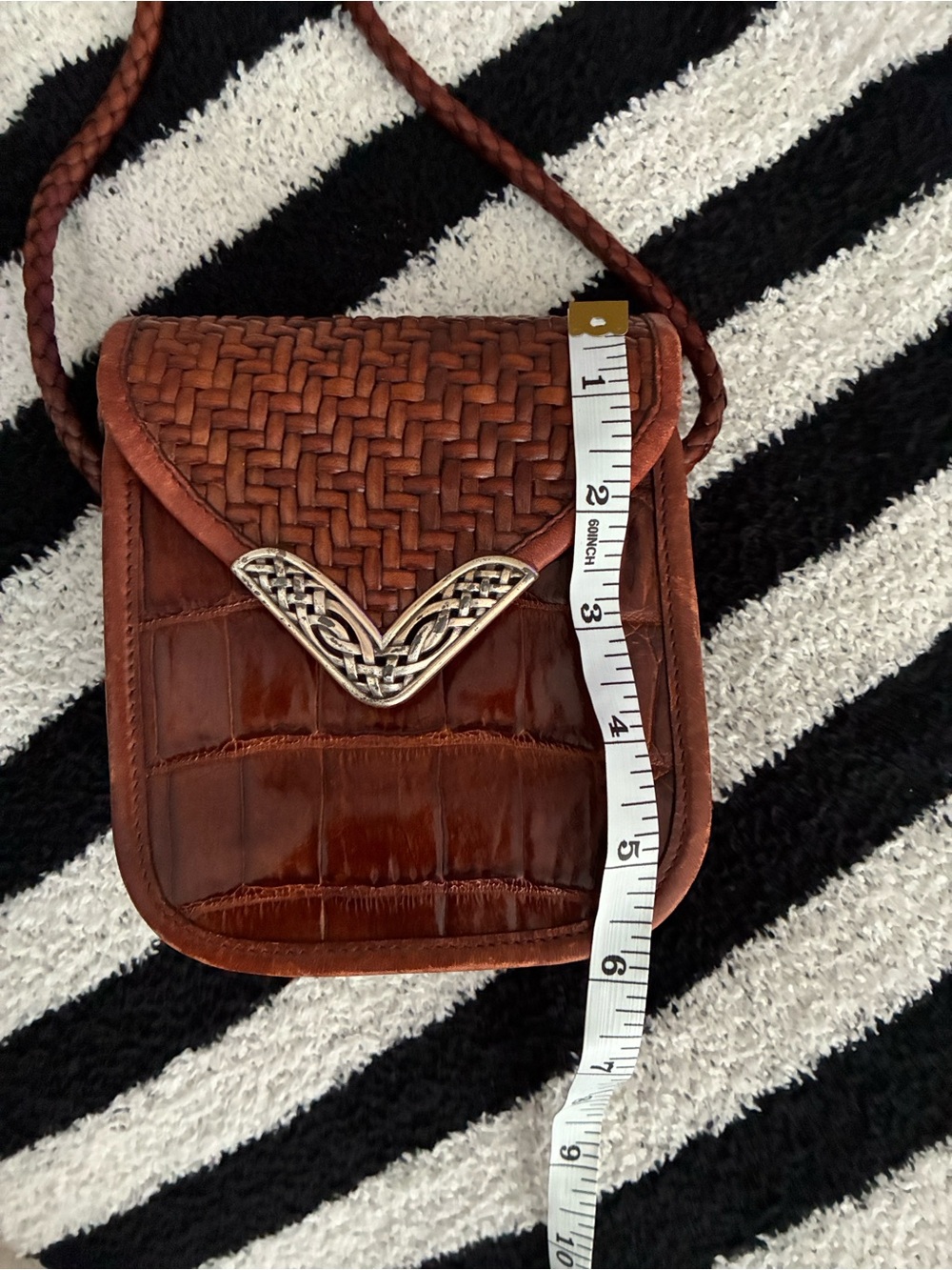 Brighton Cognac Brown Leather Basket Weave Crocodile Stamp  Mini Crossbody EUC - Picture 8 of 10